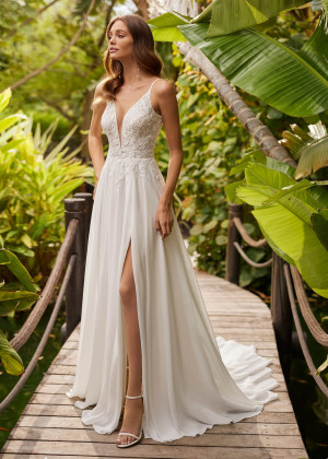 Beaded Ivory Embroidered Lace Chiffon Slit Boho Wedding Dress